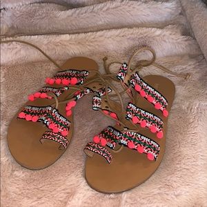 pink & tan lace up sandals